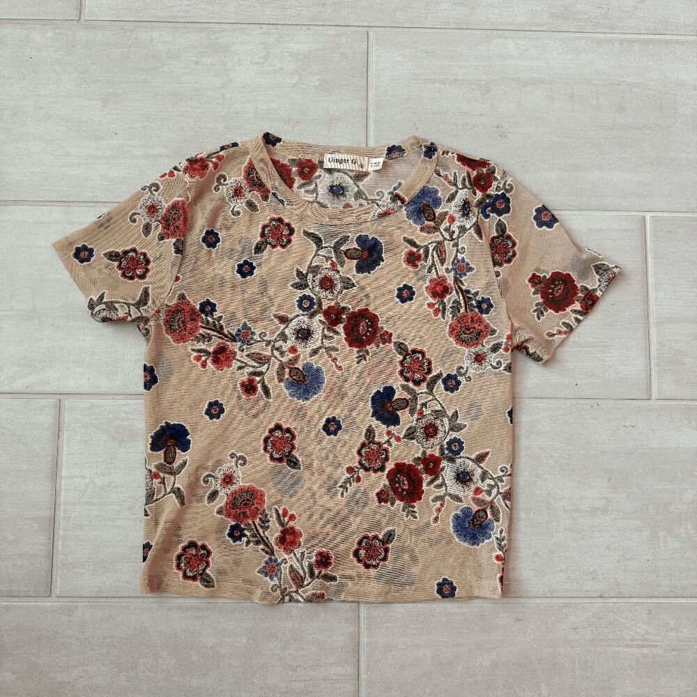 Ginger G Blouse Top Tan Floral Short Sleeve Stretch Unique Boho Chic Festival S